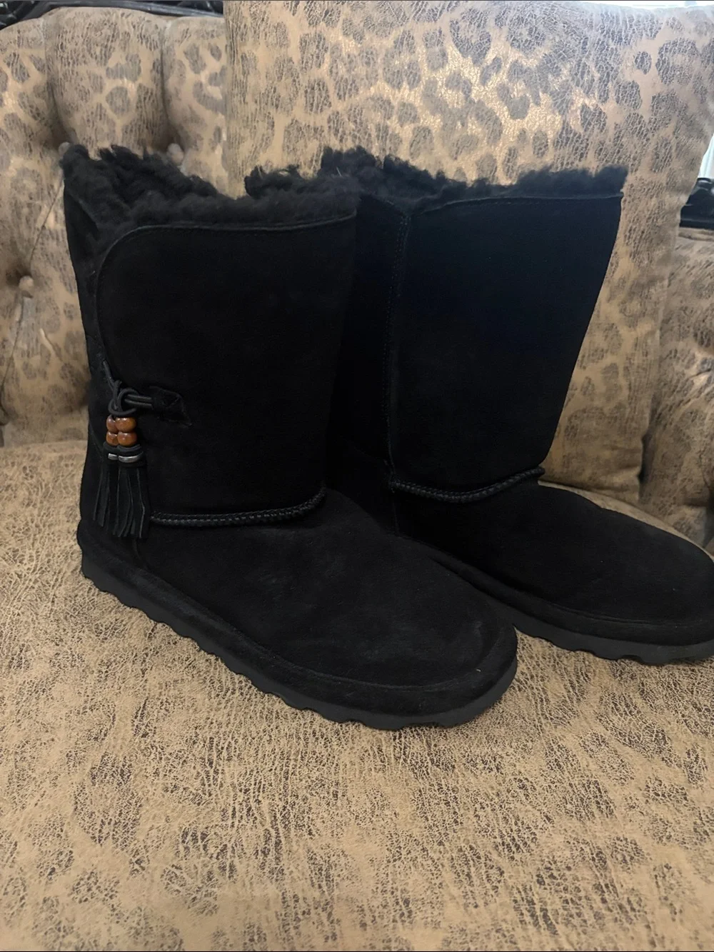BearPaw Black Suede Shearling Tassel Winter Boots